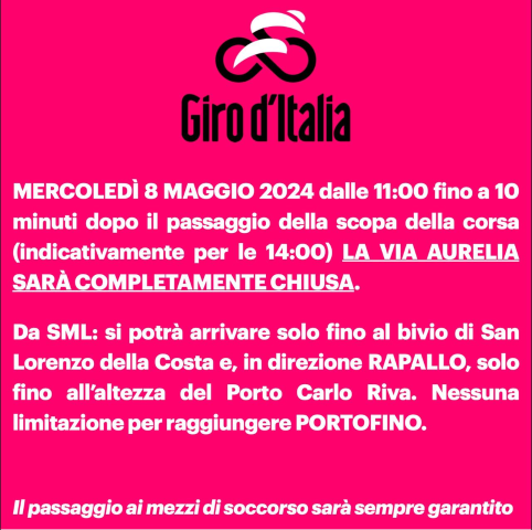Chiusura via Aurelia per Giro d'Italia - mercoledì 8 maggio 2024